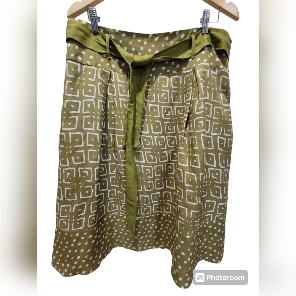 XL Avocado Green Geometric Skirt with Waist Tie String Side Zipper Liner Midi - Picture 1 of 8